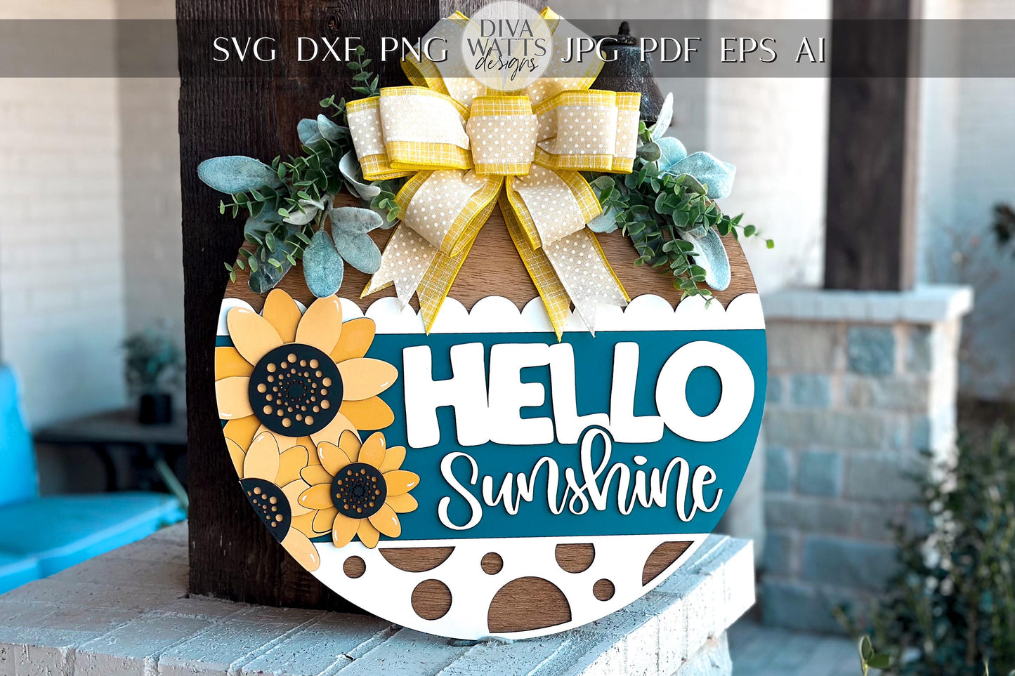 Hello Sunshine Door Hanger SVG, Sunflower Round Sign Laser Cut File, Farmhouse Porch Decor, Glowforge and Xtool SVG | Sunflower Decor