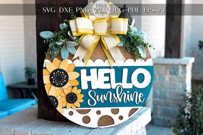 Hello Sunshine Door Hanger SVG, Sunflower Round Sign Laser Cut File, Farmhouse Porch Decor, Glowforge and Xtool SVG | Sunflower Decor