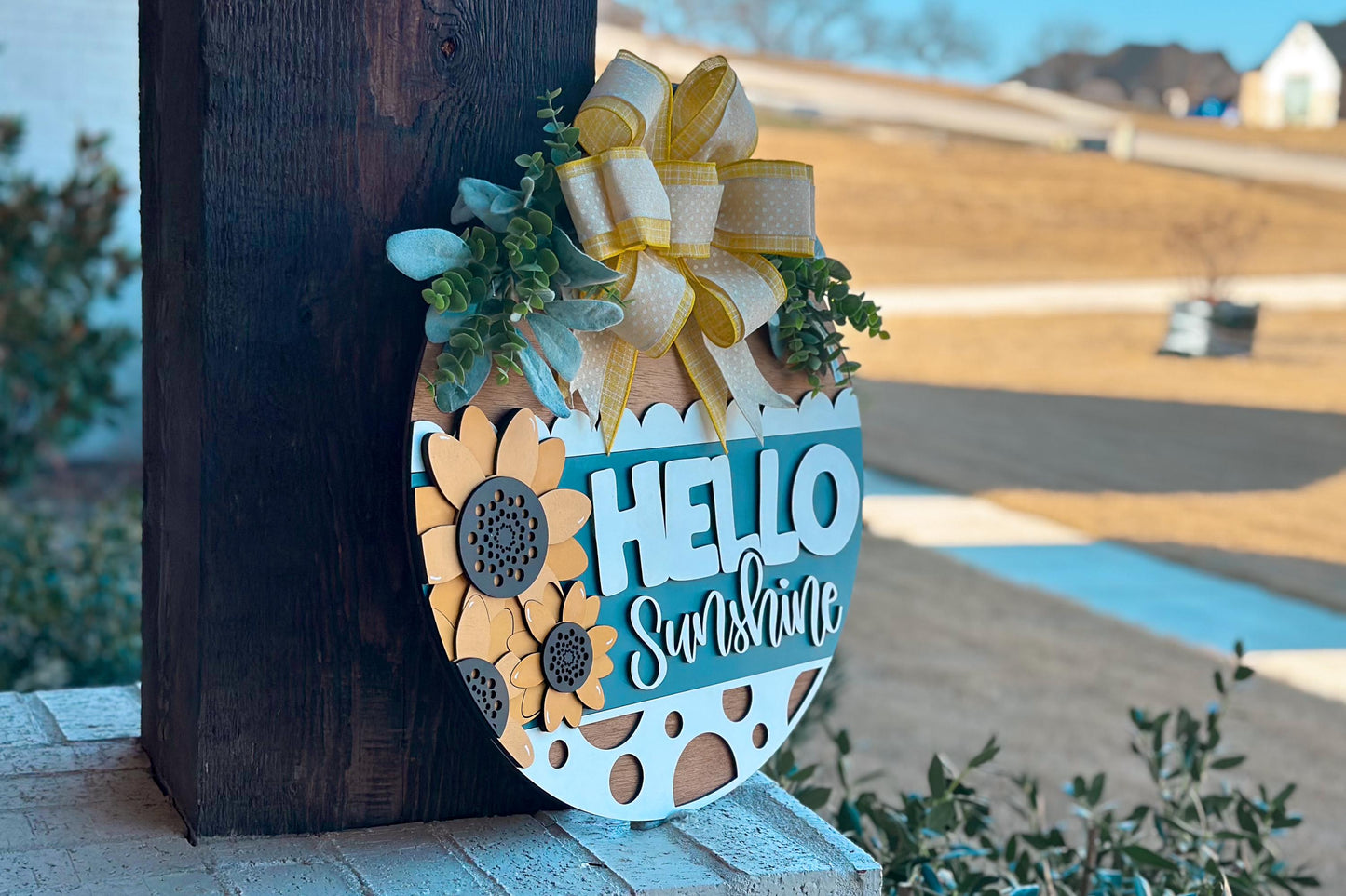 Hello Sunshine Door Hanger SVG, Sunflower Round Sign Laser Cut File, Farmhouse Porch Decor, Glowforge and Xtool SVG | Sunflower Decor