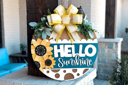 Hello Sunshine Door Hanger SVG, Sunflower Round Sign Laser Cut File, Farmhouse Porch Decor, Glowforge and Xtool SVG | Sunflower Decor