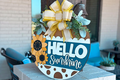 Hello Sunshine Door Hanger SVG, Sunflower Round Sign Laser Cut File, Farmhouse Porch Decor, Glowforge and Xtool SVG | Sunflower Decor