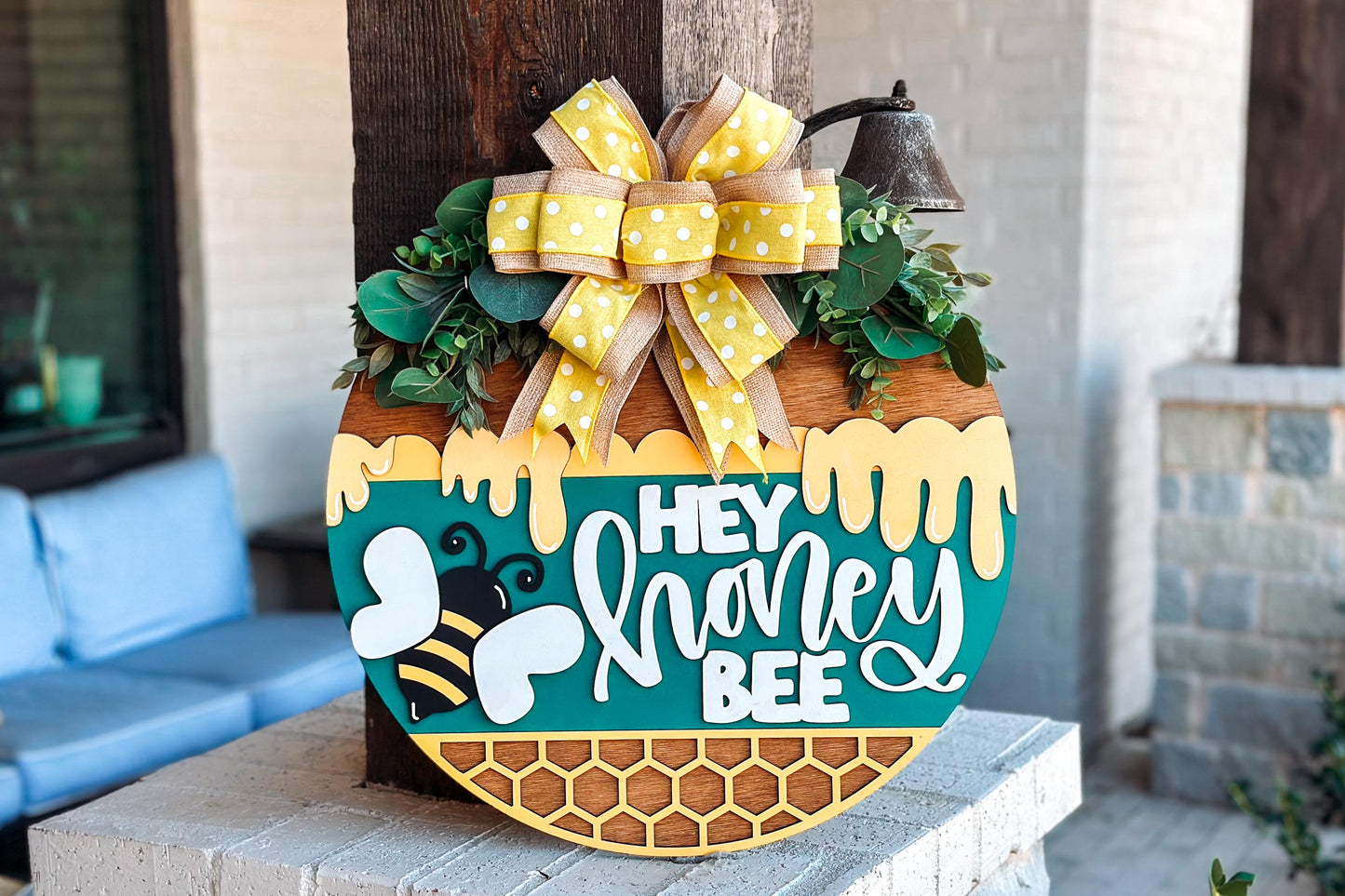 Hey Honey Bee Door Hanger SVG, Honeycomb Round Sign Laser Cut File, Farmhouse Bee Decor, Glowforge and Xtool SVG
