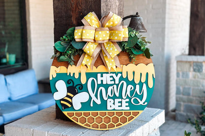 Hey Honey Bee Door Hanger SVG, Honeycomb Round Sign Laser Cut File, Farmhouse Bee Decor, Glowforge and Xtool SVG