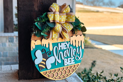Hey Honey Bee Door Hanger SVG, Honeycomb Round Sign Laser Cut File, Farmhouse Bee Decor, Glowforge and Xtool SVG