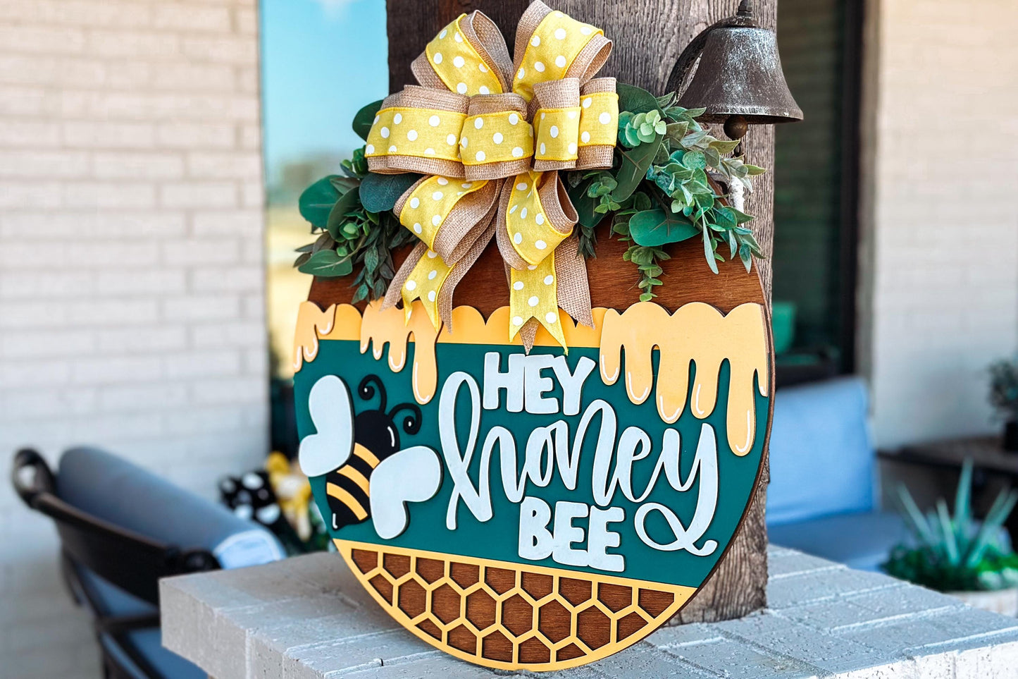 Hey Honey Bee Door Hanger SVG, Honeycomb Round Sign Laser Cut File, Farmhouse Bee Decor, Glowforge and Xtool SVG