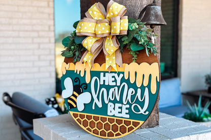 Hey Honey Bee Door Hanger SVG, Honeycomb Round Sign Laser Cut File, Farmhouse Bee Decor, Glowforge and Xtool SVG