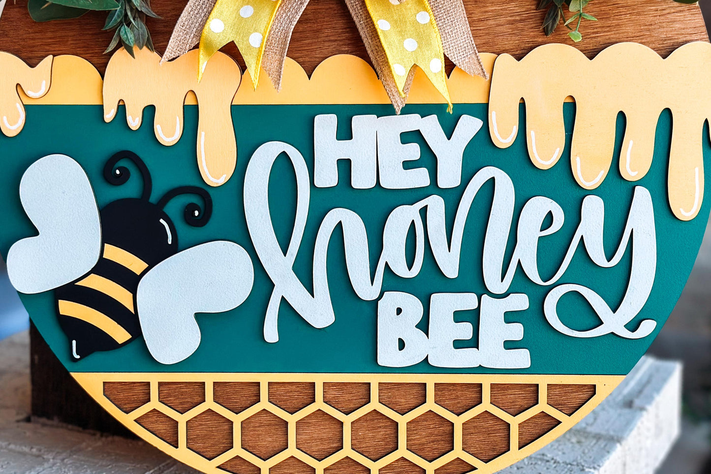 Hey Honey Bee Door Hanger SVG, Honeycomb Round Sign Laser Cut File, Farmhouse Bee Decor, Glowforge and Xtool SVG