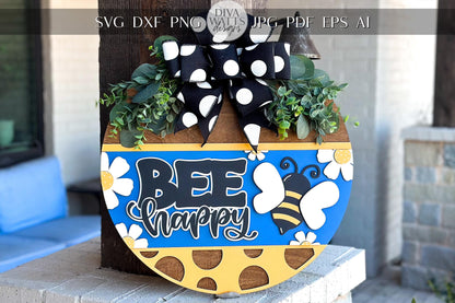 Bee Happy Door Hanger SVG, Polka Dot Round Sign Laser Cut File, Farmhouse Bee Decor, Glowforge and Xtool SVG Cute Bee Decor For Porch