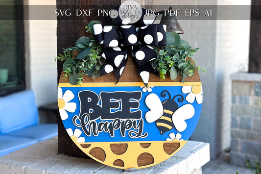 Bee Happy Door Hanger SVG, Polka Dot Round Sign Laser Cut File, Farmhouse Bee Decor, Glowforge and Xtool SVG Cute Bee Decor For Porch