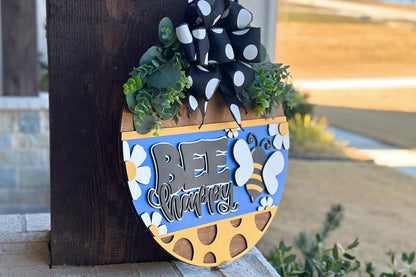 Bee Happy Door Hanger SVG, Polka Dot Round Sign Laser Cut File, Farmhouse Bee Decor, Glowforge and Xtool SVG Cute Bee Decor For Porch