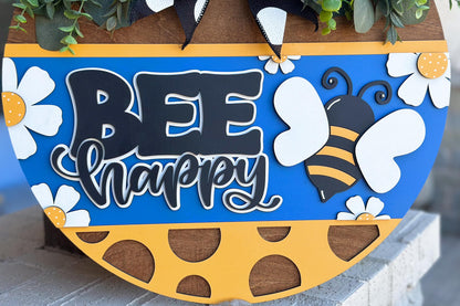 Bee Happy Door Hanger SVG, Polka Dot Round Sign Laser Cut File, Farmhouse Bee Decor, Glowforge and Xtool SVG Cute Bee Decor For Porch