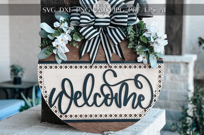Welcome Sign SVG for Laser Cutting, Round Door Hanger File, Farmhouse Home Decor Design, Glowforge Ready, Floral Welcome Sign Laser SVG