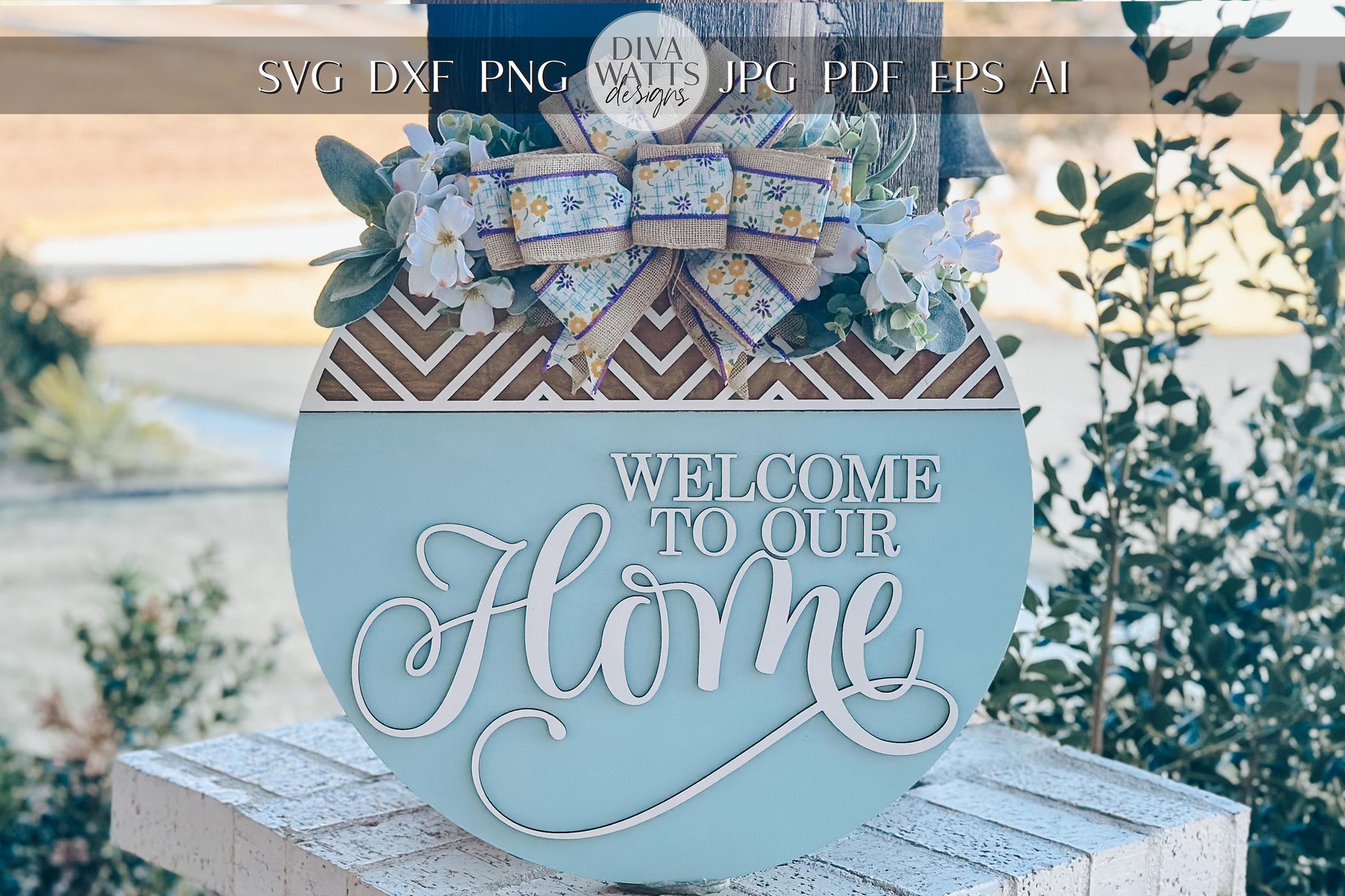 Welcome To Our Home Round Door Hanger SVG, Modern Farmhouse Laser File, Layered Wood Sign Design for Glowforge and Xtool | Geometric Sign