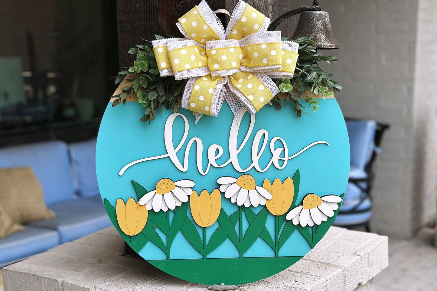 Hello Floral Door Hanger SVG Laser Cut File, Daisy and Tulip Round Sign, Spring Welcome Sign Design, Glowforge Laser File, Farmhouse Decor