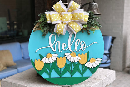 Hello Floral Door Hanger SVG Laser Cut File, Daisy and Tulip Round Sign, Spring Welcome Sign Design, Glowforge Laser File, Farmhouse Decor