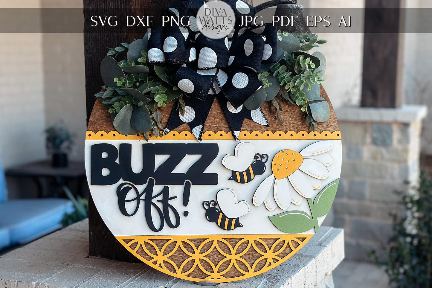 Buzz Off Bee Door Hanger SVG Laser Cut File, Honeybee Daisy Round Sign, Funny Farmhouse Door Sign, Glowforge Laser File, Spring Decor
