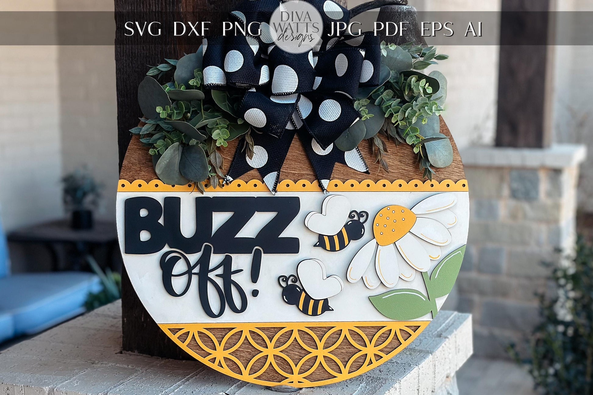 Buzz Off Bee Door Hanger SVG Laser Cut File, Honeybee Daisy Round Sign, Funny Farmhouse Door Sign, Glowforge Laser File, Spring Decor