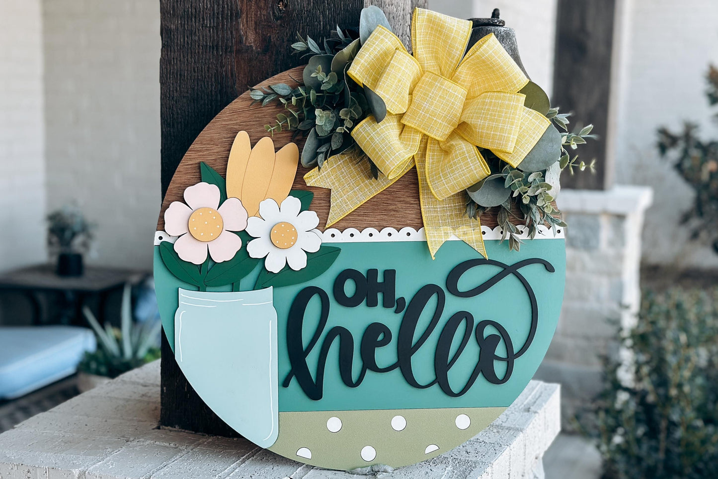 Oh Hello Mason Jar Door Hanger SVG, Floral Round Sign Laser Cut File, Spring Welcome Sign for Glowforge, Farmhouse Home Decor