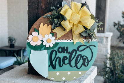 Oh Hello Mason Jar Door Hanger SVG, Floral Round Sign Laser Cut File, Spring Welcome Sign for Glowforge, Farmhouse Home Decor
