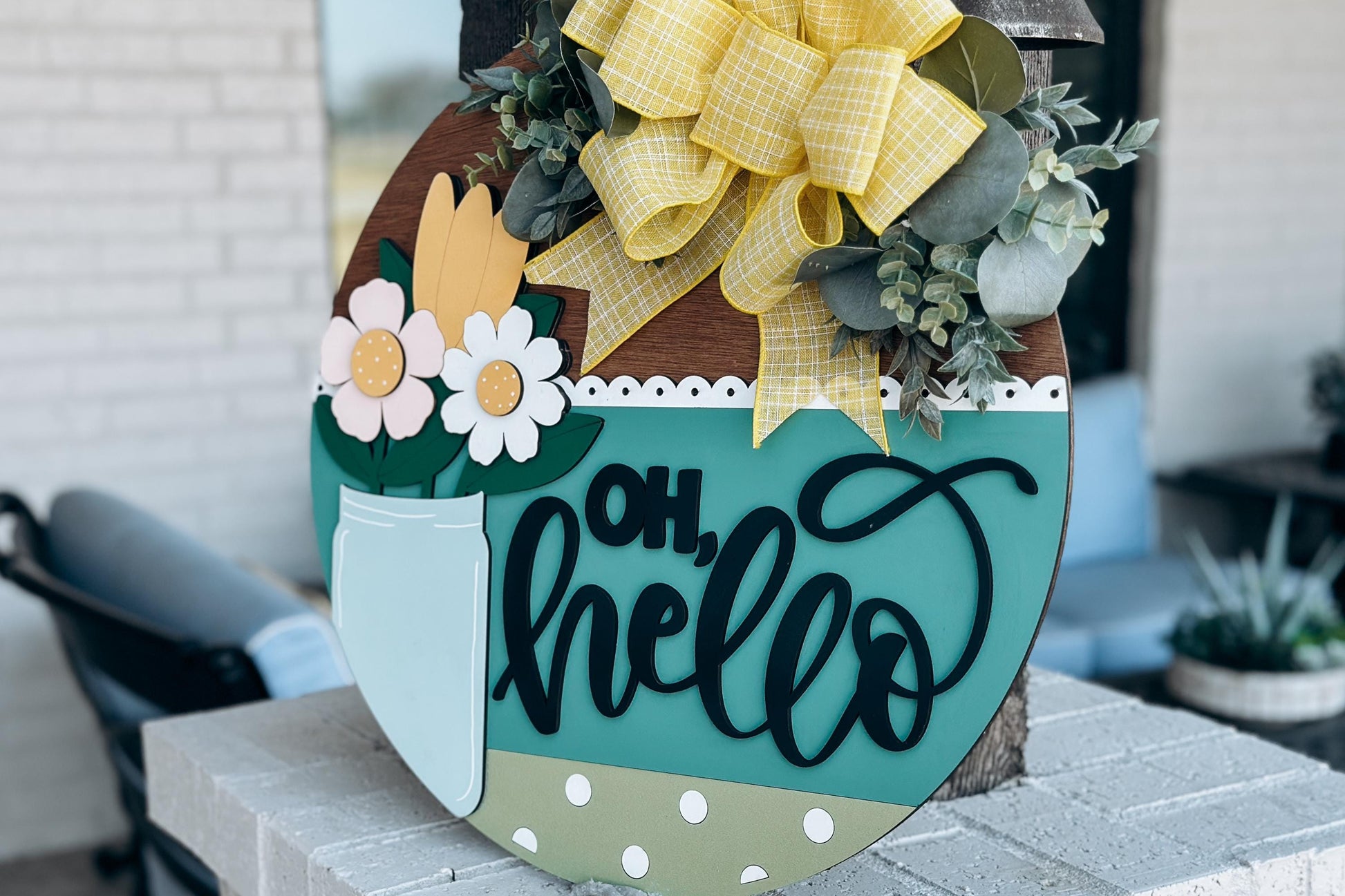 Oh Hello Mason Jar Door Hanger SVG, Floral Round Sign Laser Cut File, Spring Welcome Sign for Glowforge, Farmhouse Home Decor