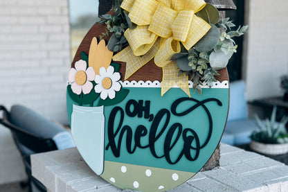 Oh Hello Mason Jar Door Hanger SVG, Floral Round Sign Laser Cut File, Spring Welcome Sign for Glowforge, Farmhouse Home Decor