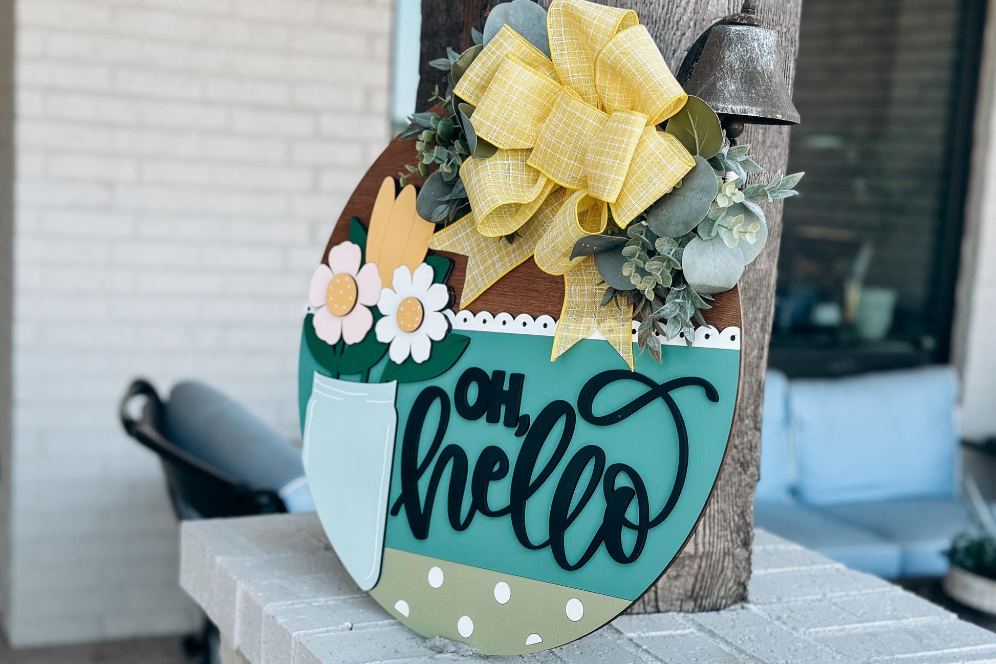 Oh Hello Mason Jar Door Hanger SVG, Floral Round Sign Laser Cut File, Spring Welcome Sign for Glowforge, Farmhouse Home Decor
