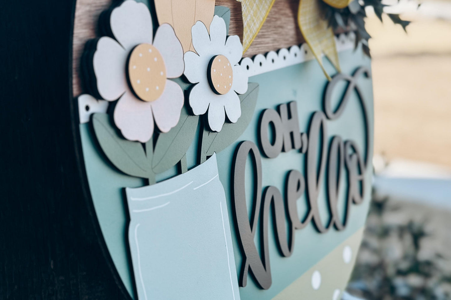 Oh Hello Mason Jar Door Hanger SVG, Floral Round Sign Laser Cut File, Spring Welcome Sign for Glowforge, Farmhouse Home Decor