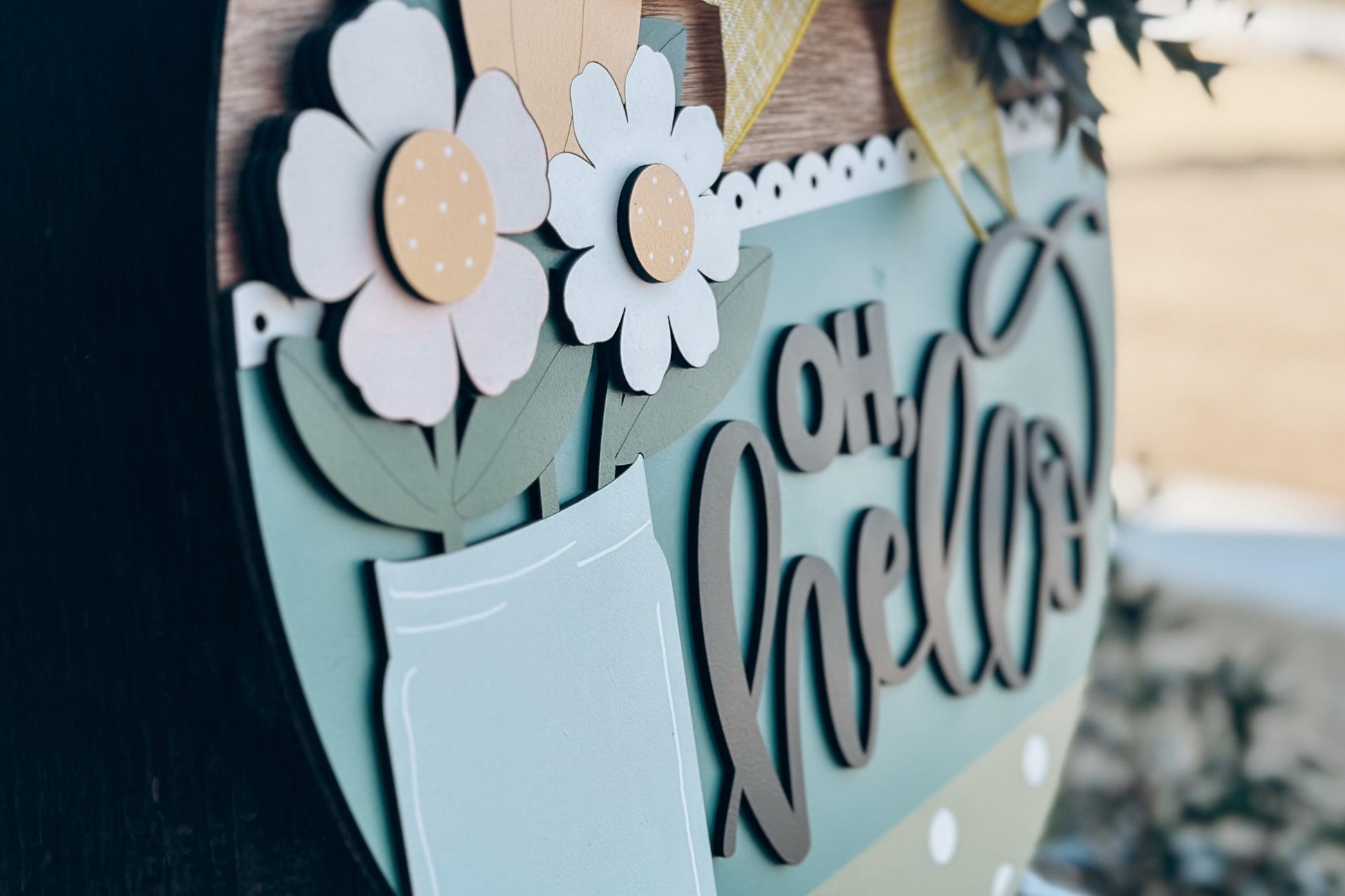 Oh Hello Mason Jar Door Hanger SVG, Floral Round Sign Laser Cut File, Spring Welcome Sign for Glowforge, Farmhouse Home Decor