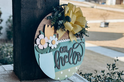 Oh Hello Mason Jar Door Hanger SVG, Floral Round Sign Laser Cut File, Spring Welcome Sign for Glowforge, Farmhouse Home Decor