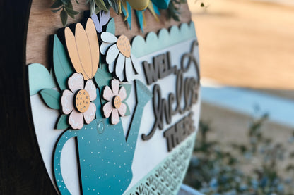 Well Hello There Watering Can Door Hanger SVG, Floral Round Sign Laser Cut File, Spring Welcome Sign for Glowforge, Farmhouse Decor