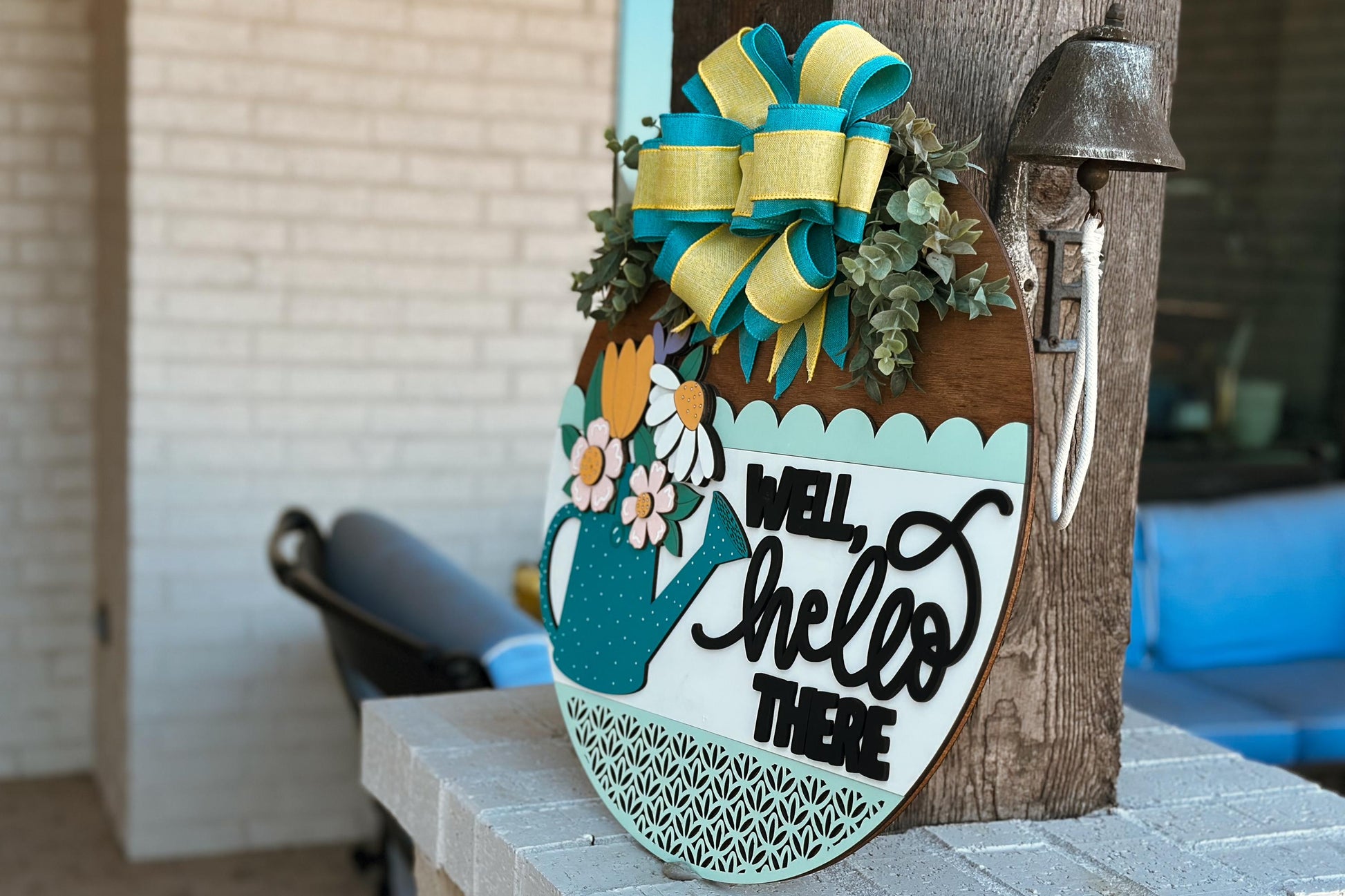 Well Hello There Watering Can Door Hanger SVG, Floral Round Sign Laser Cut File, Spring Welcome Sign for Glowforge, Farmhouse Decor