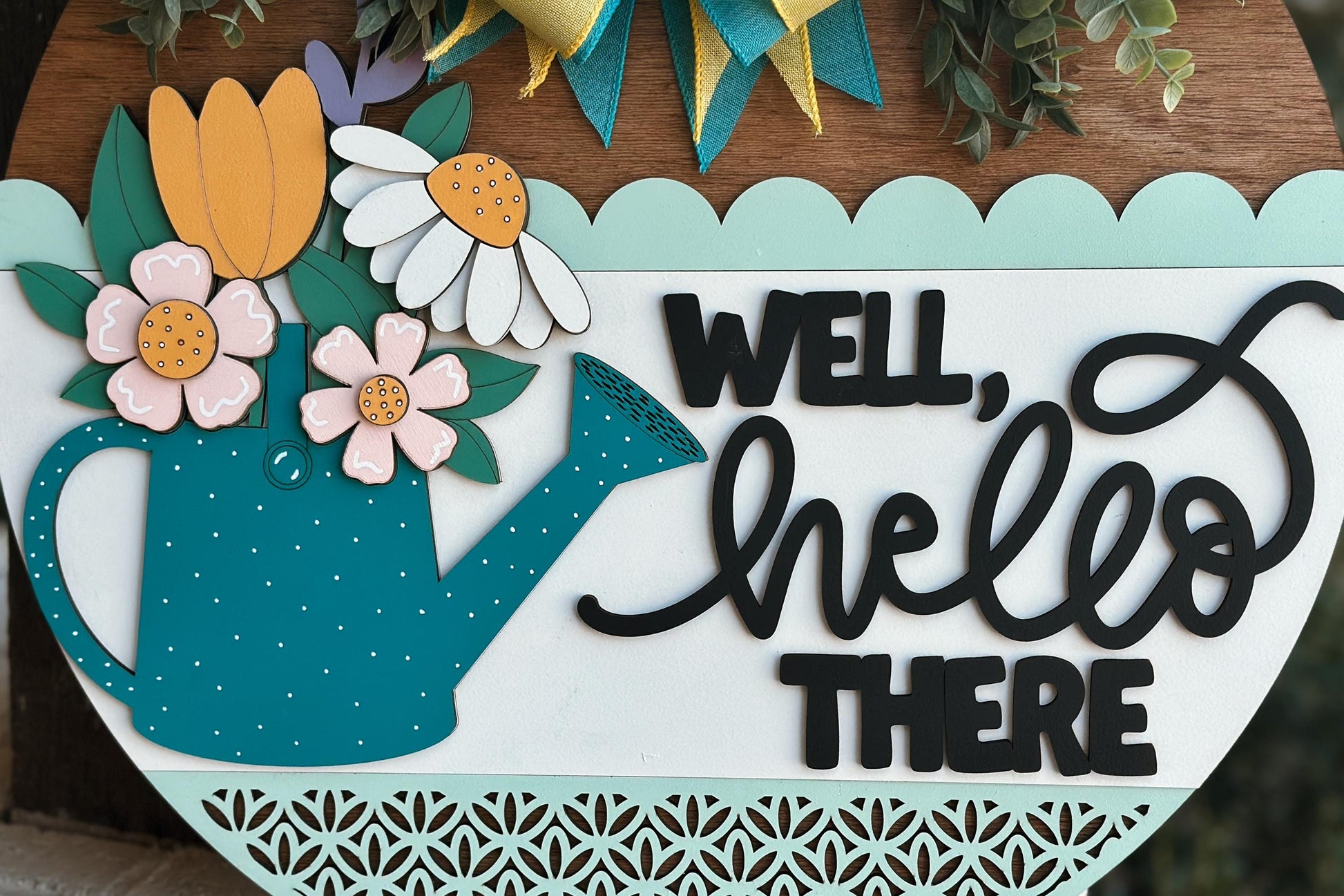 Well Hello There Watering Can Door Hanger SVG, Floral Round Sign Laser Cut File, Spring Welcome Sign for Glowforge, Farmhouse Decor