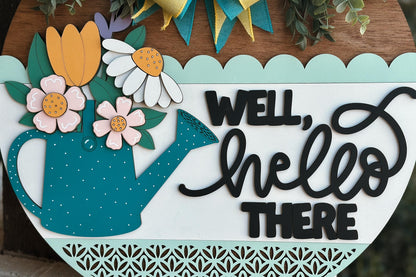 Well Hello There Watering Can Door Hanger SVG, Floral Round Sign Laser Cut File, Spring Welcome Sign for Glowforge, Farmhouse Decor