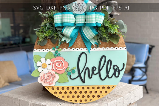 Floral Hello Door Hanger SVG Laser Cut File, Round Welcome Sign, Spring Floral Design, Glowforge and Xtool Compatible, DIY Laser File
