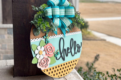 Floral Hello Door Hanger SVG Laser Cut File, Round Welcome Sign, Spring Floral Design, Glowforge and Xtool Compatible, DIY Laser File