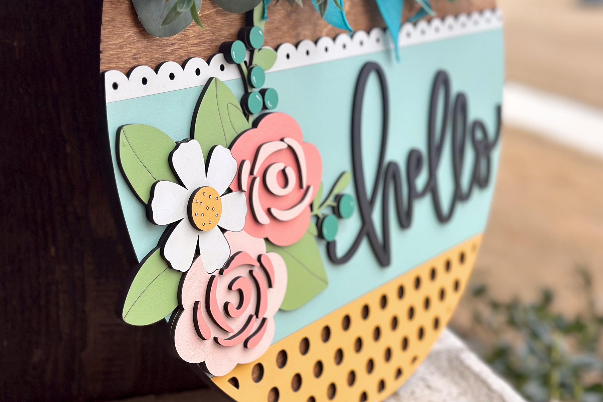 Floral Hello Door Hanger SVG Laser Cut File, Round Welcome Sign, Spring Floral Design, Glowforge and Xtool Compatible, DIY Laser File