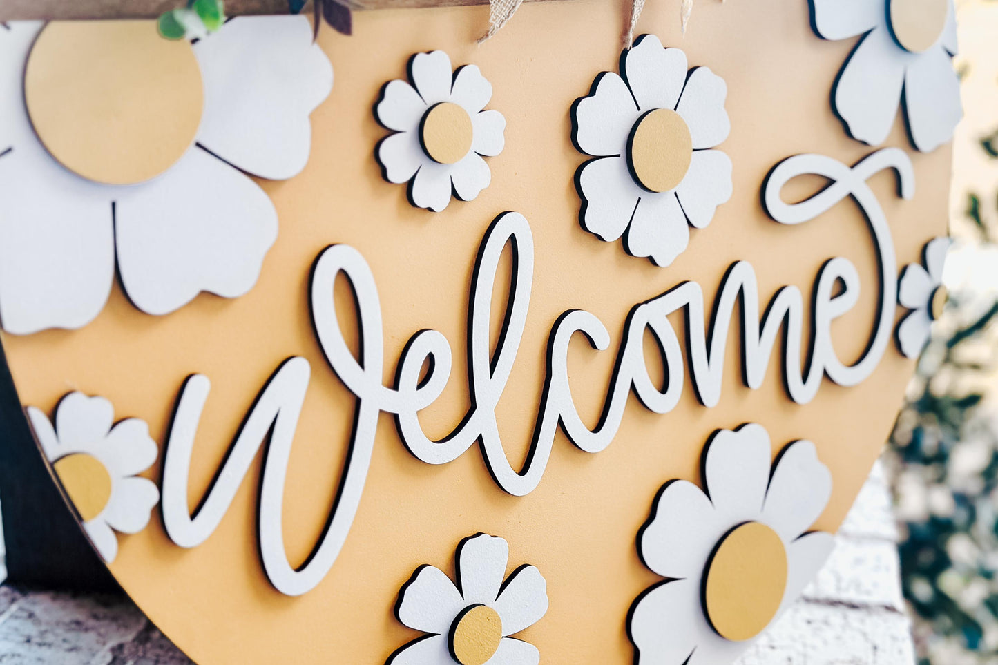 Welcome Sign SVG for Laser Cutters, Floral Door Hanger Design, Daisy Welcome Round, Glowforge Laser File, Summer Porch Decor, Flowers Sign