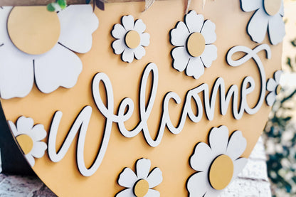 Welcome Sign SVG for Laser Cutters, Floral Door Hanger Design, Daisy Welcome Round, Glowforge Laser File, Summer Porch Decor, Flowers Sign