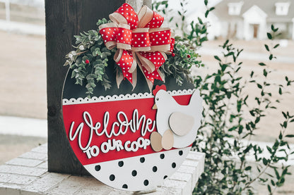 Welcome to Our Coop SVG, Chicken Door Hanger Laser File, Farmhouse Chicken Sign Design, Layered Laser SVG, Farm Decor Door Hanger