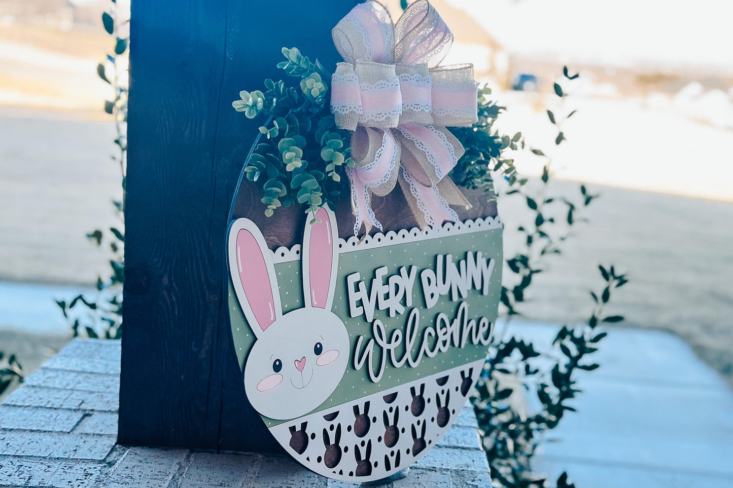 Every Bunny Welcome SVG, Easter Bunny Door Hanger Laser File, Spring Porch Decor, Layered Laser Cut Design, Glowforge Bunny SVG