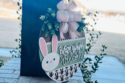 Every Bunny Welcome SVG, Easter Bunny Door Hanger Laser File, Spring Porch Decor, Layered Laser Cut Design, Glowforge Bunny SVG
