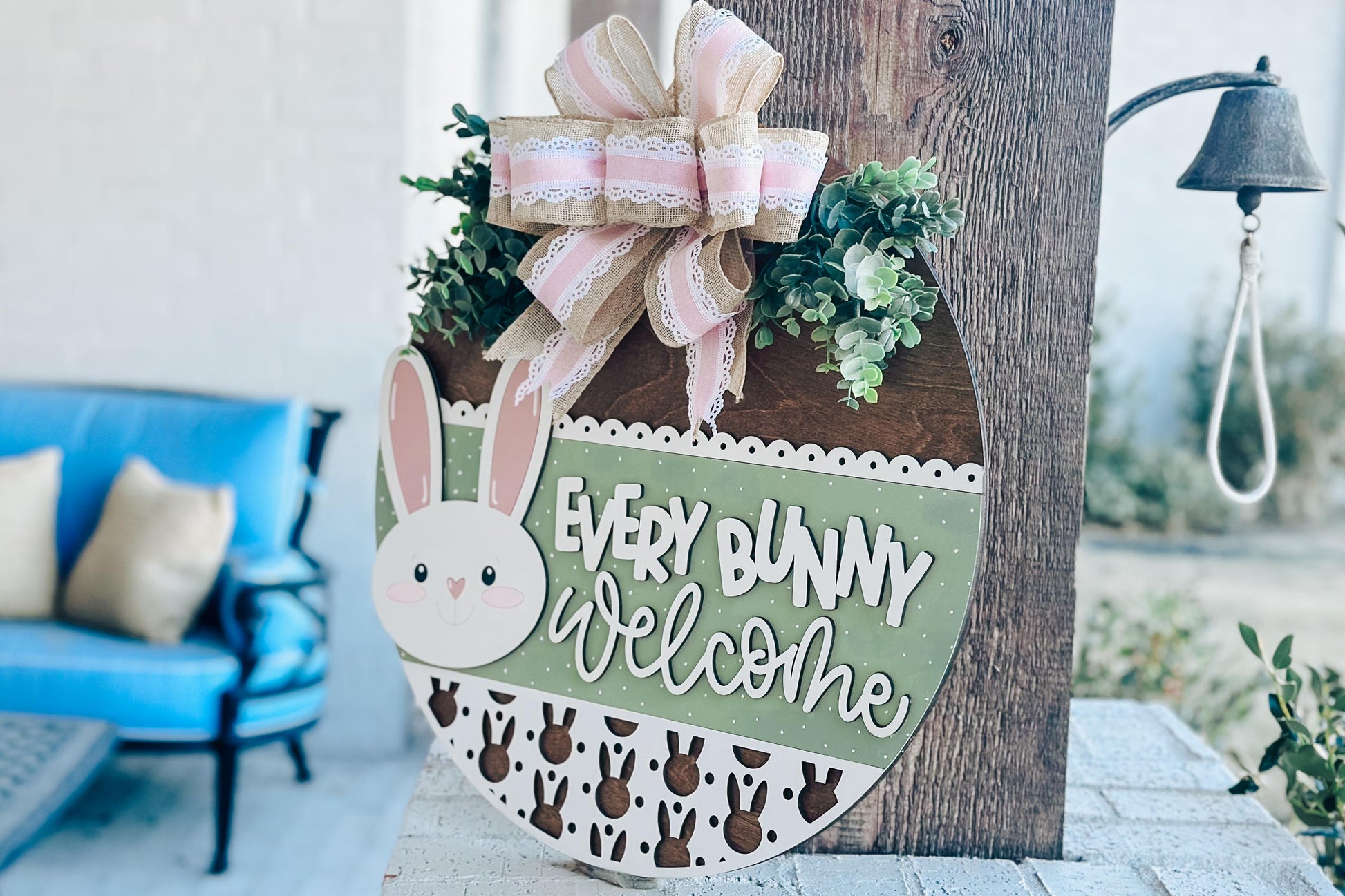 Every Bunny Welcome SVG, Easter Bunny Door Hanger Laser File, Spring Porch Decor, Layered Laser Cut Design, Glowforge Bunny SVG