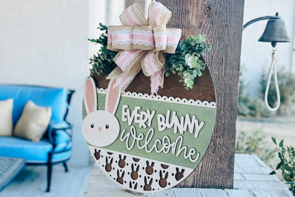 Every Bunny Welcome SVG, Easter Bunny Door Hanger Laser File, Spring Porch Decor, Layered Laser Cut Design, Glowforge Bunny SVG