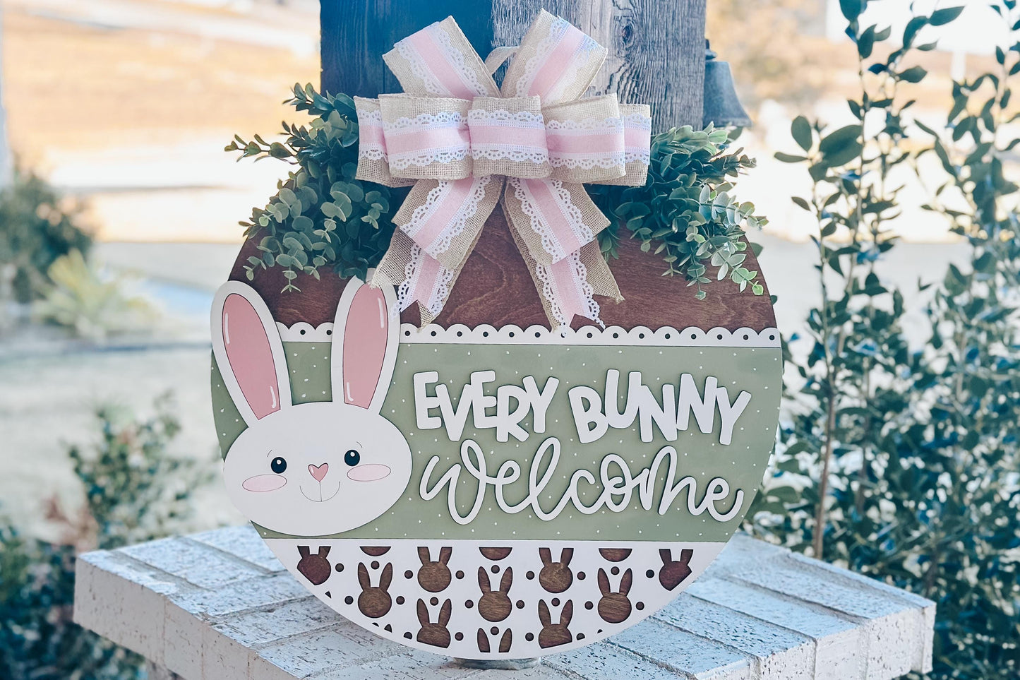 Every Bunny Welcome SVG, Easter Bunny Door Hanger Laser File, Spring Porch Decor, Layered Laser Cut Design, Glowforge Bunny SVG