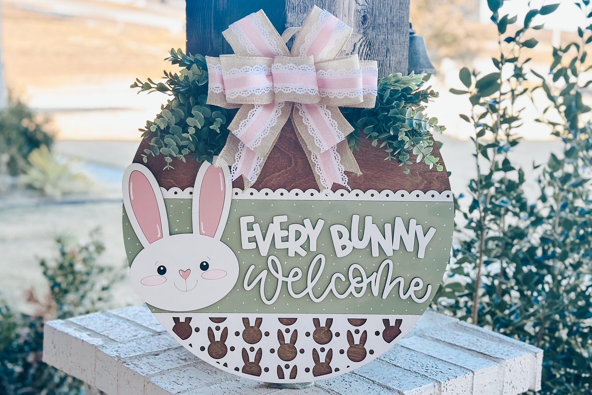 Every Bunny Welcome SVG, Easter Bunny Door Hanger Laser File, Spring Porch Decor, Layered Laser Cut Design, Glowforge Bunny SVG