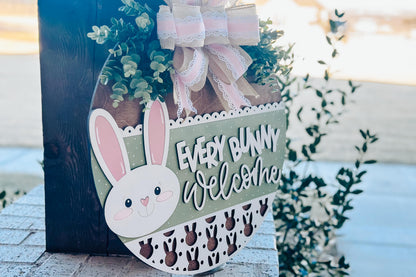 Every Bunny Welcome SVG, Easter Bunny Door Hanger Laser File, Spring Porch Decor, Layered Laser Cut Design, Glowforge Bunny SVG
