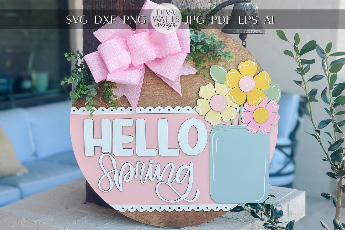 Hello Spring Door Hanger SVG, Mason Jar Floral Laser Cut File, Layered Spring Sign Design, Glowforge Laser Template, DIY Spring Decor