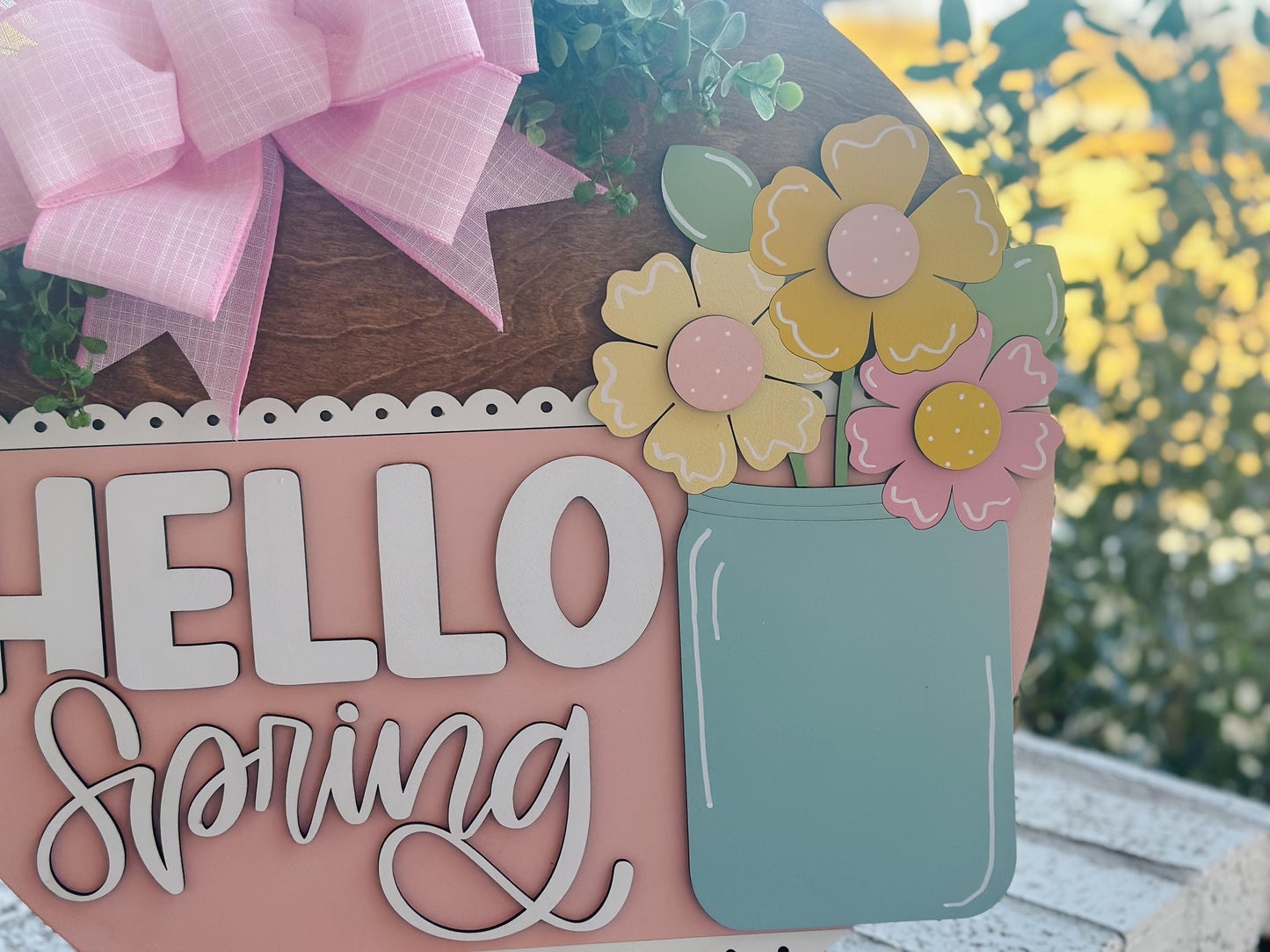 Hello Spring Door Hanger SVG, Mason Jar Floral Laser Cut File, Layered Spring Sign Design, Glowforge Laser Template, DIY Spring Decor