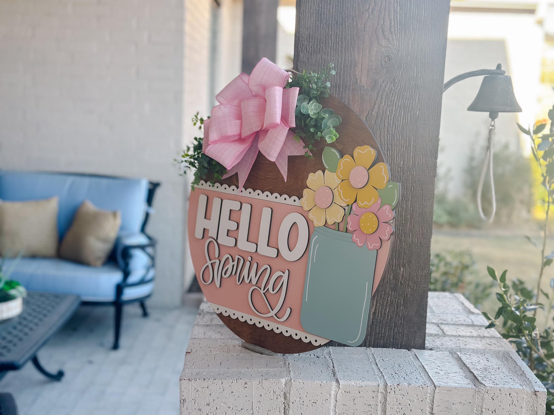 Hello Spring Door Hanger SVG, Mason Jar Floral Laser Cut File, Layered Spring Sign Design, Glowforge Laser Template, DIY Spring Decor