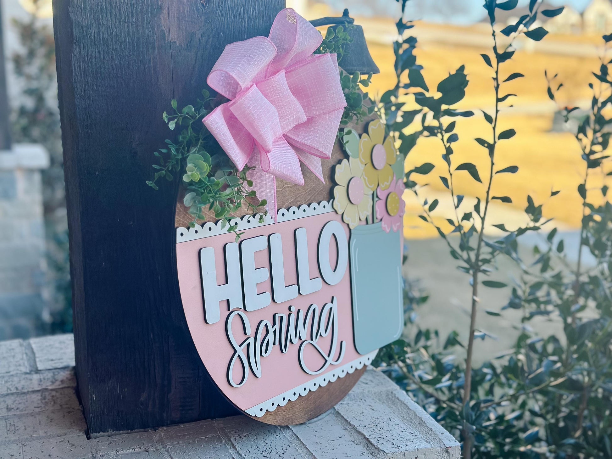 Hello Spring Door Hanger SVG, Mason Jar Floral Laser Cut File, Layered Spring Sign Design, Glowforge Laser Template, DIY Spring Decor